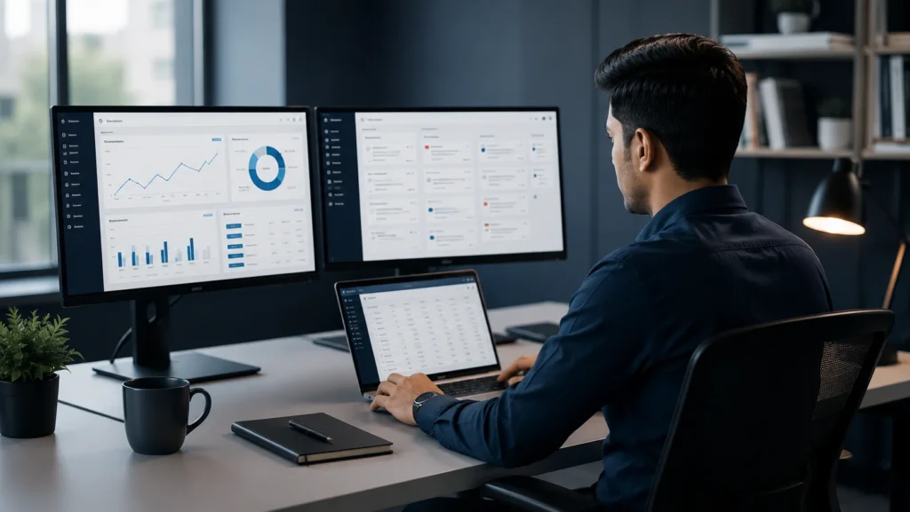 Indian virtual assistant managing business operations, reporting, and administrative support for US businesses in a modern digital workspace.